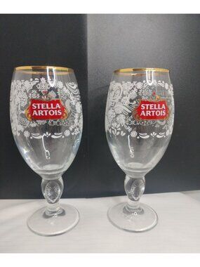2 Stella Artois Etched 12 Oz. Beer Glasses Gold Rim 7.5” Chalice Stem